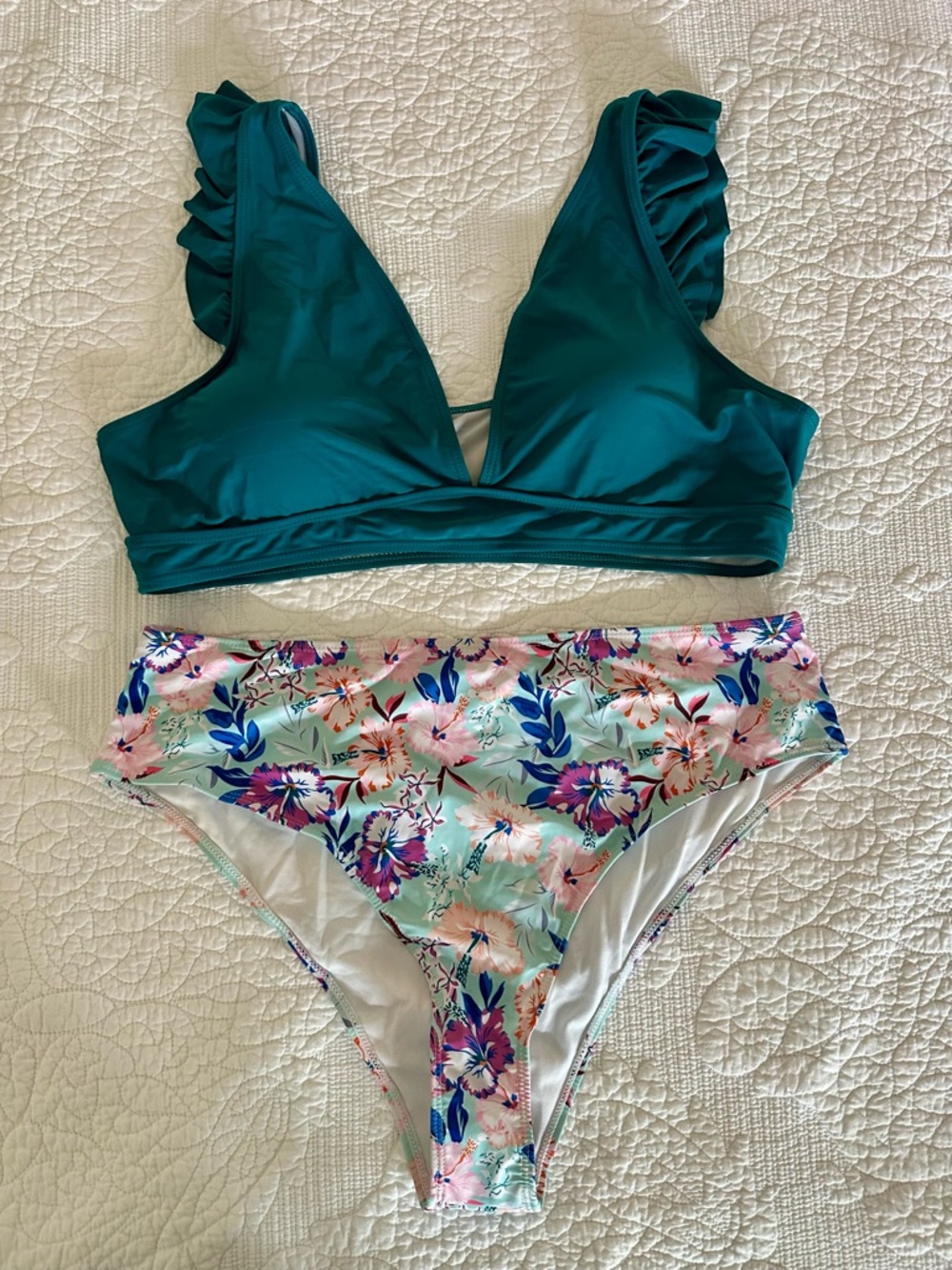 SHEIN Teal Ruffle Strap Bikini Top with Floral High-Waist Bottom